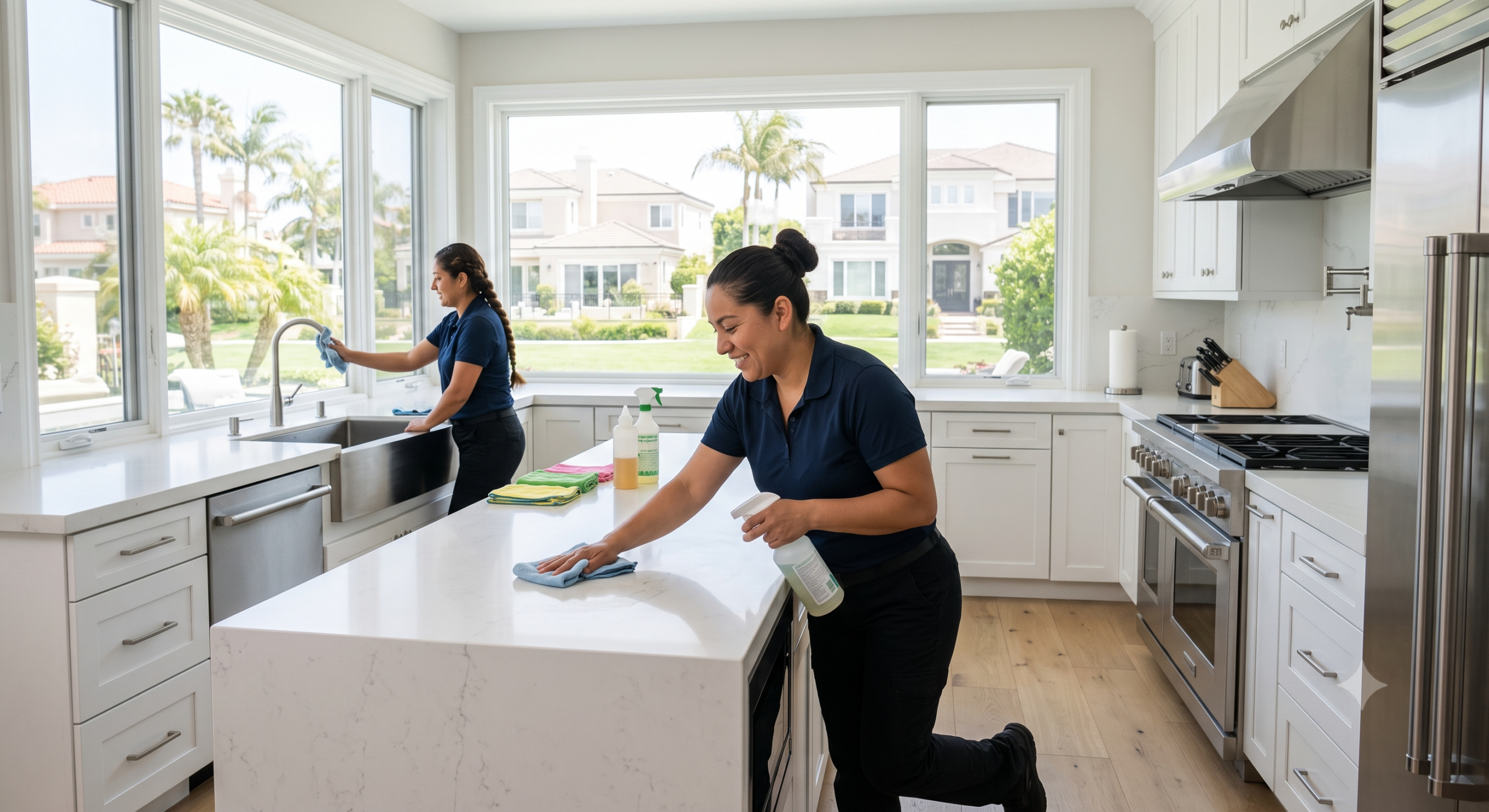 Two OC Maids team members cleaning a customer's kitchen